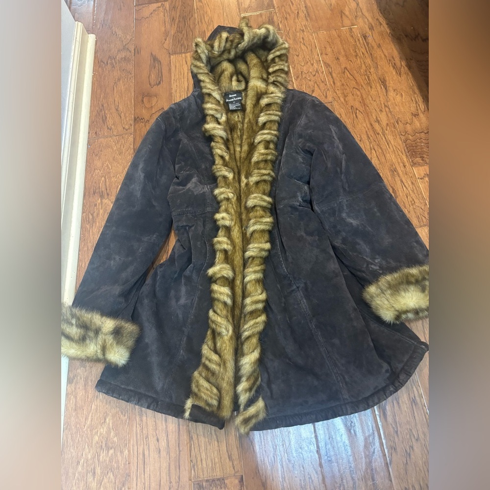 Vintage y2k Dennis Basso Genuine Leather Faux Fur Trim Coat ā Size 2X
